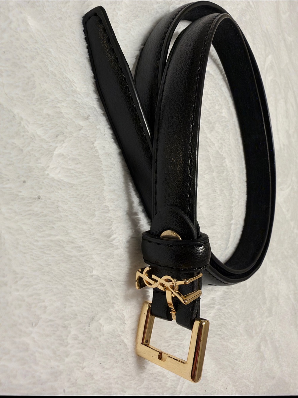 Black Leather Skinny Belt with Gold Buckle